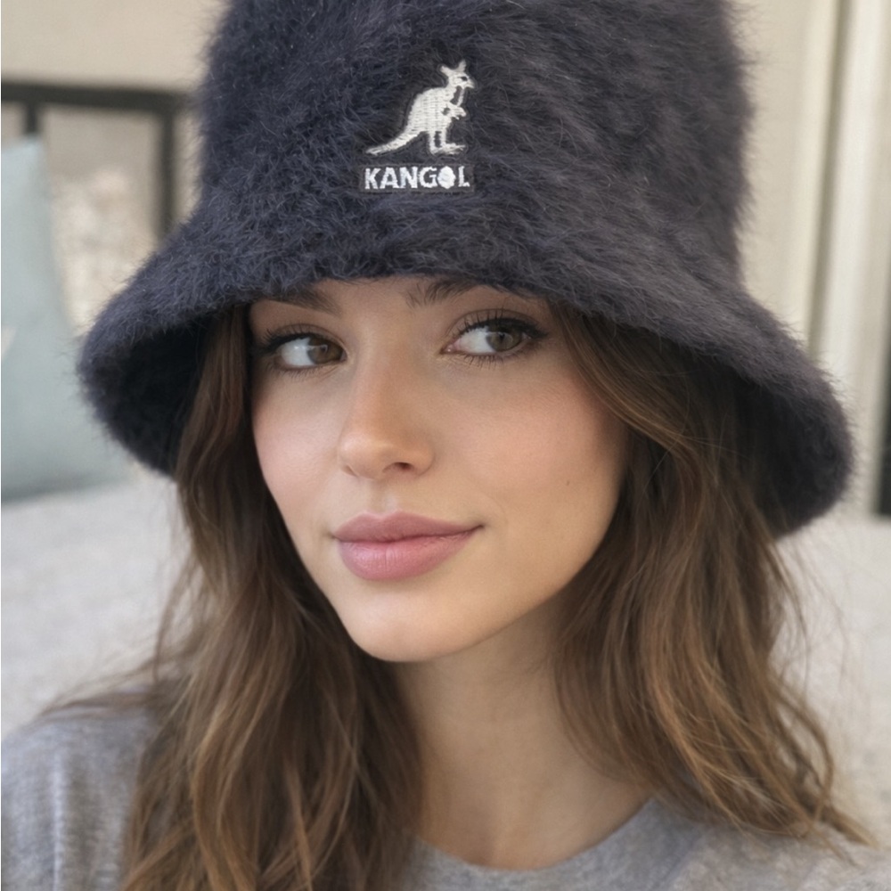 Kangol Women's Fuzzy Black Angora Real Fur Bucket Hat Fashionable SZ M